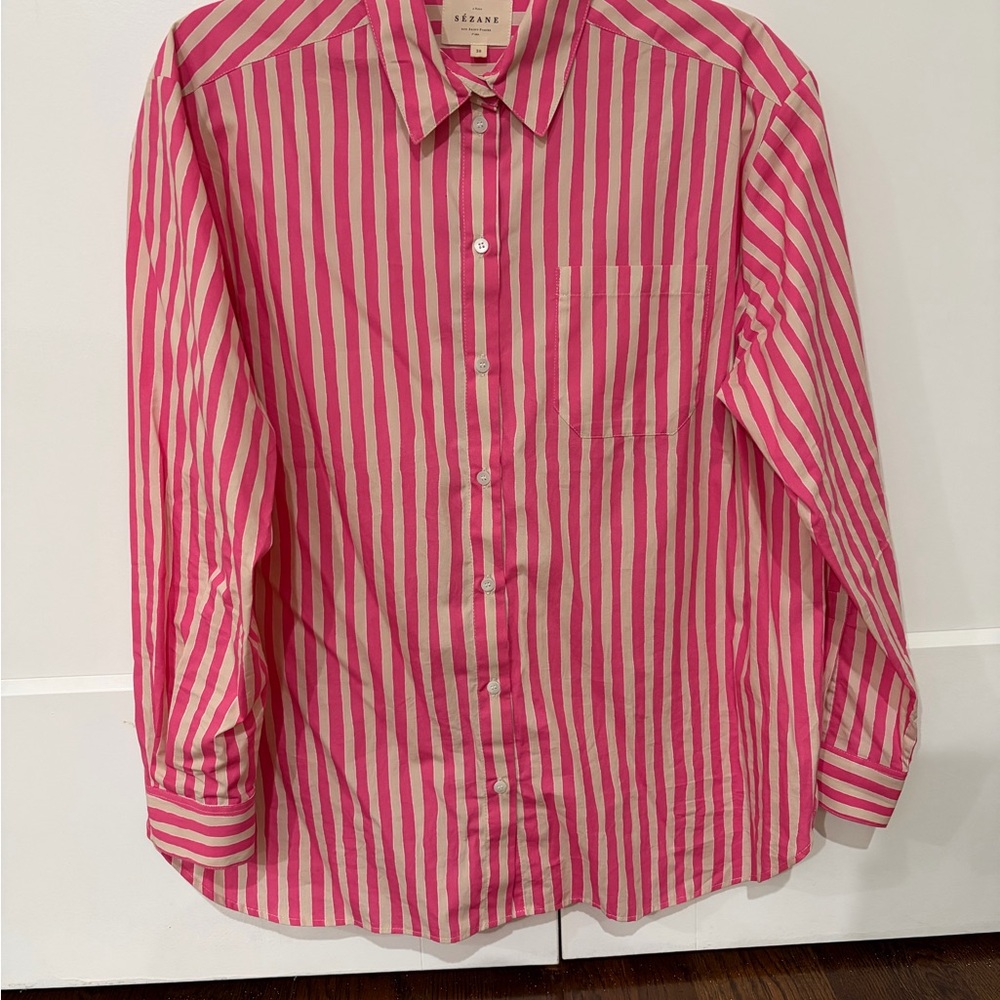 Sezane Pink and Cream Striped Button Down Max Shirt